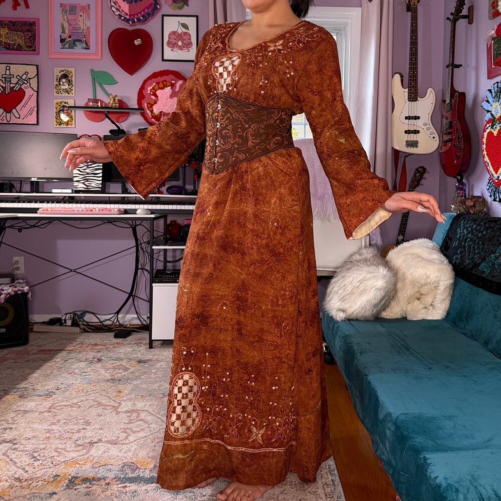 Vintage 90s brown beaded / sequin boho whimsigoth kaftan / tunic maxi dress